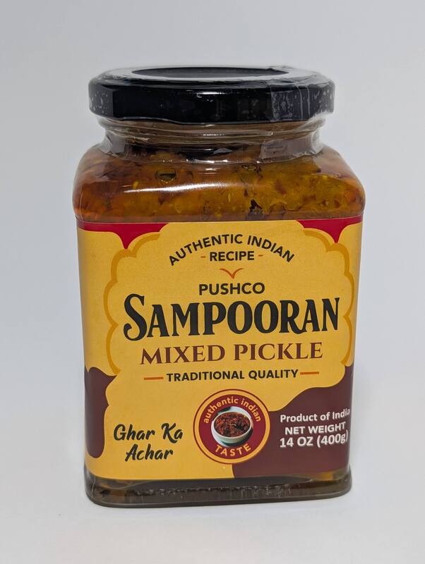 14oz jar of Sampooran Mixed Pickle with traditional Indian vegetables and spices.
