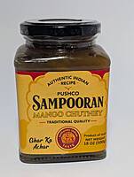 Jar of Sampooran Sweet Mango Chutney, an authentic Indian fruit preserve and dip.
