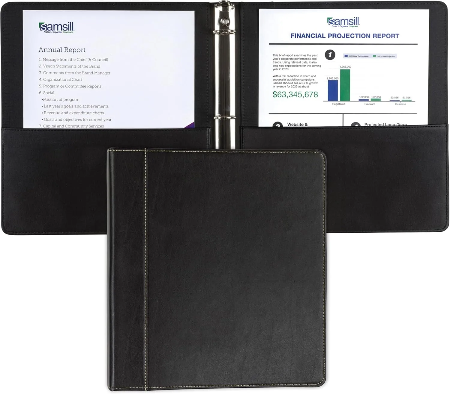 Samsill 1 Inch 3 Ring Binder, Leather, Black with Contrast Stitching, 8.5X 11 Inch, 3 Rings, Notebook Binder, Portfolio Organizer, Planner, Journal Letter 1 Inch Black
