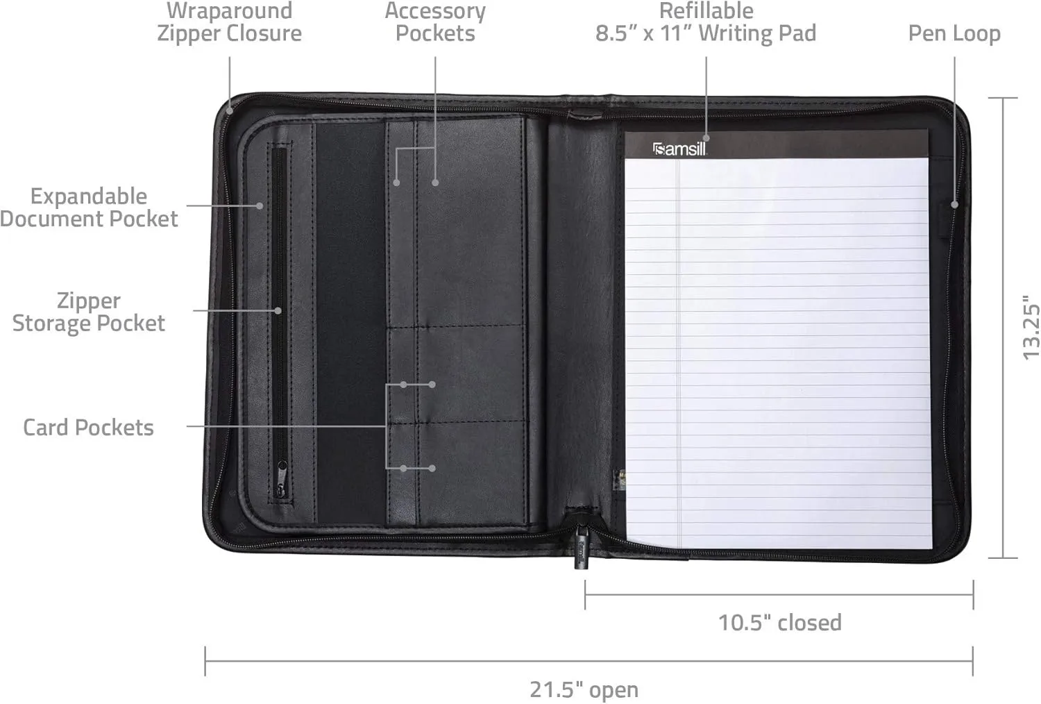 Samsill Professional Padfolio with Secure Zippered Closure, 10.1 Inch Tablet Sleeve, and 8.5 by 11 Inch Notepad, Black