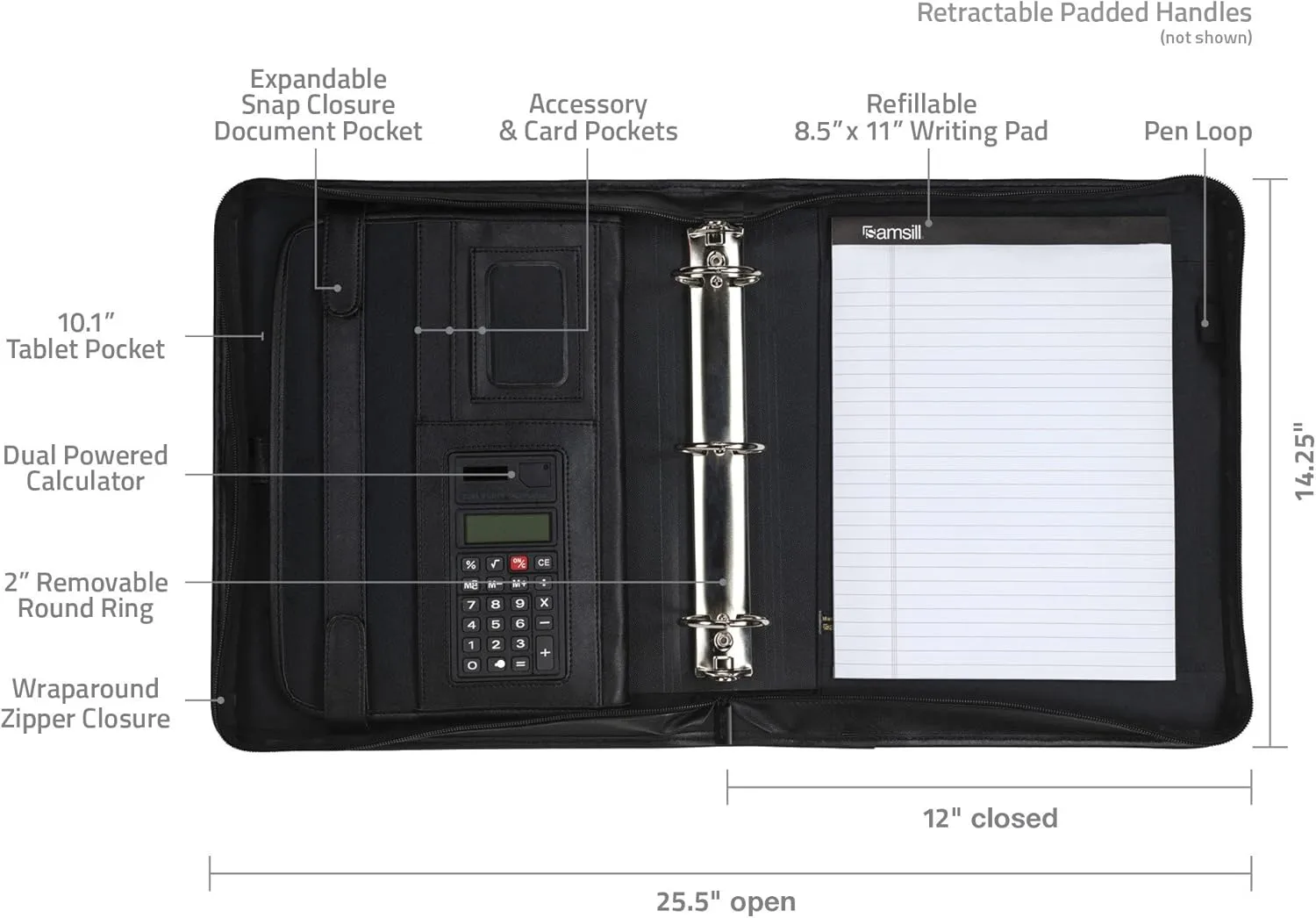 Samsill Professional Zippered Padfolio with 2-Inch Removable Ring Binder, Retractable Handles, 10.1” Tablet Sleeve, Black