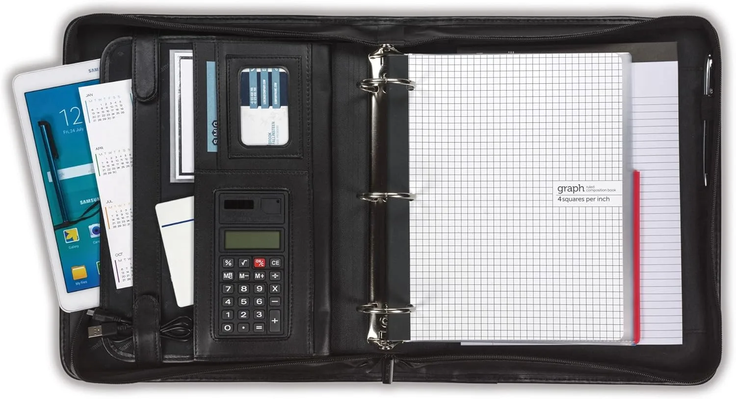 Samsill Professional Zippered Padfolio with 2-Inch Removable Ring Binder, Retractable Handles, 10.1” Tablet Sleeve, Black