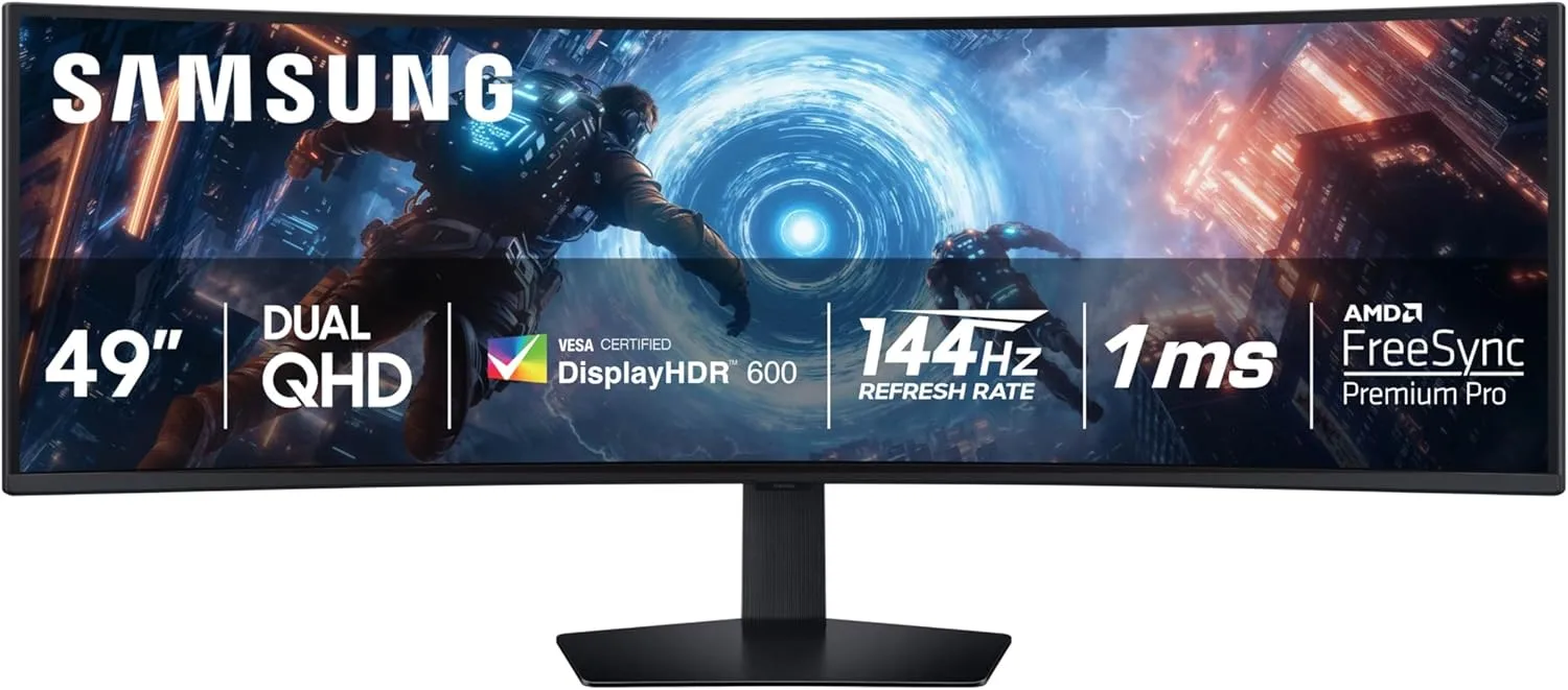 SAMSUNG 49-inch Odyssey G9 (G91F) DQHD, 144Hz, Curved Gaming Monitor, Ultra-Wide 32:9 Screen, DisplayHDR 600, AMD FreeSync™ Premium Pro, Ergonomic Stand, LS49FG910ENXZA, 2025 Monitor Only