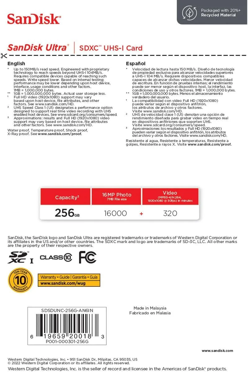 SanDisk 256GB Ultra UHS-I SDXC Memory Card, 150MB/s Read