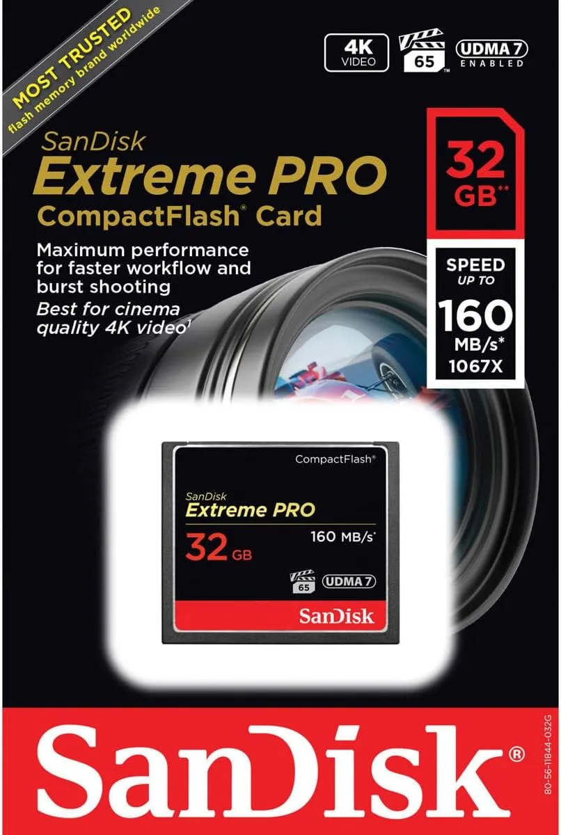 SanDisk 32GB Extreme Pro CompactFlash Card - 160MB/s Read, 150MB/s Write