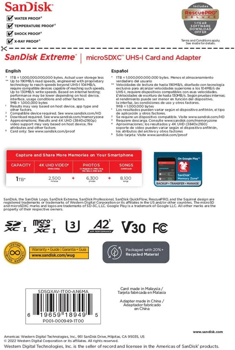 SanDisk Extreme 1TB UHS-I U3 microSDXC Memory Card with SD Adapter
