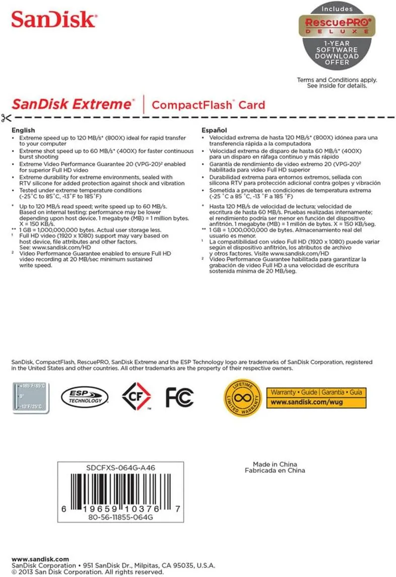 Sandisk Extreme CompactFlash Memory Card - 64 GB (SDCFXS-064G-A46)