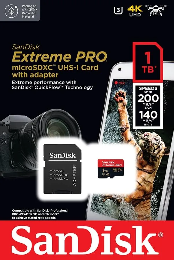 SanDisk Extreme PRO microSDXC UHS-I Memory Card 1 TB + Adapter & RescuePRO Deluxe (for Smartphones, Action Cameras or Drones, A2, Class 10, V30, U3, 200 MB/s Transfer)