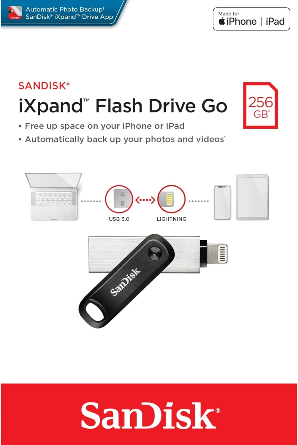 SanDisk iXpand Flash Drive Go for Your iPhone - 256 GB - USB 3.0 Type A, Lightning - 1 Year Warranty