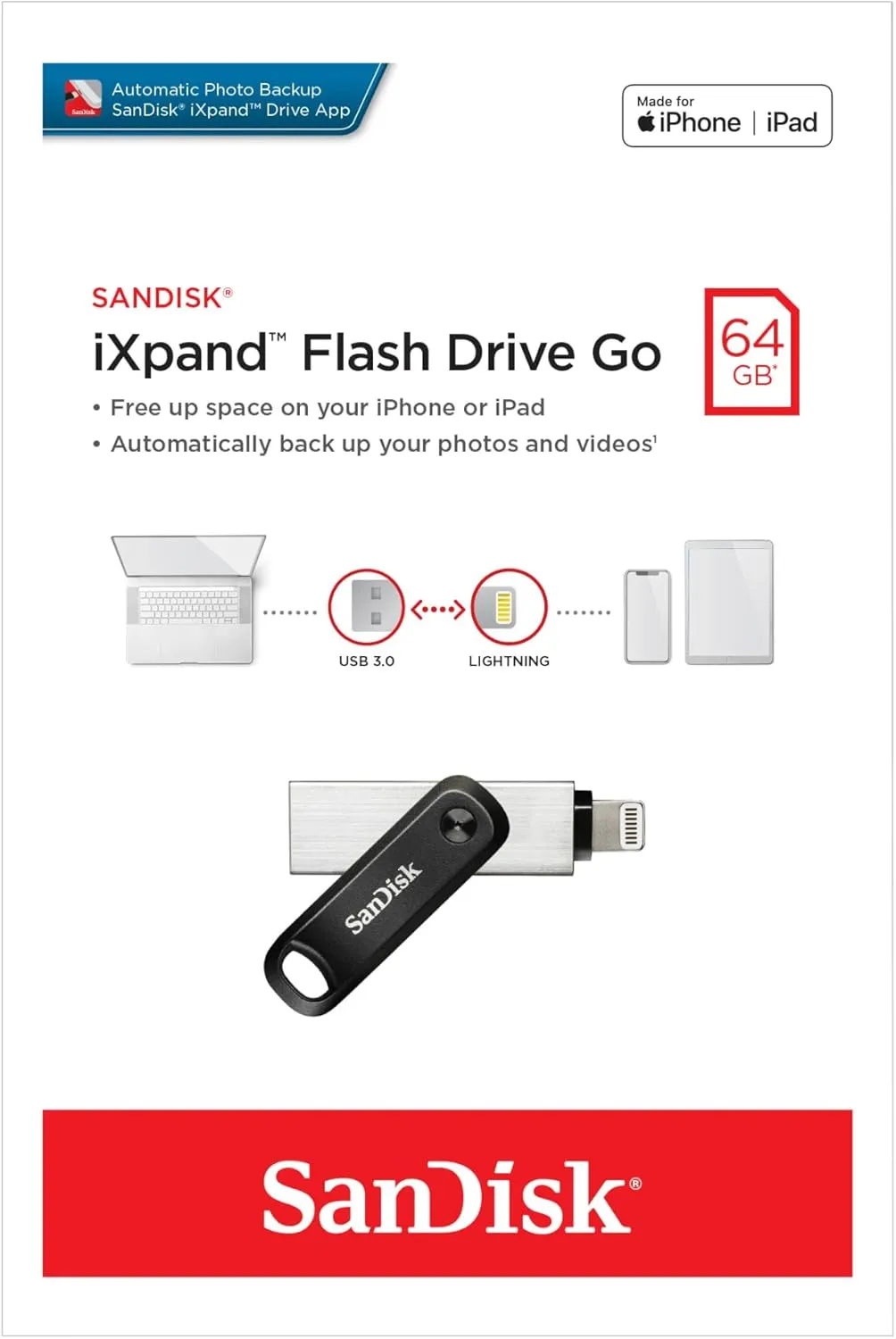 SanDisk SDIX60N-064G-AN6NN 64GB iXpand Flash Drive Go USB (Type-A & Lightning)