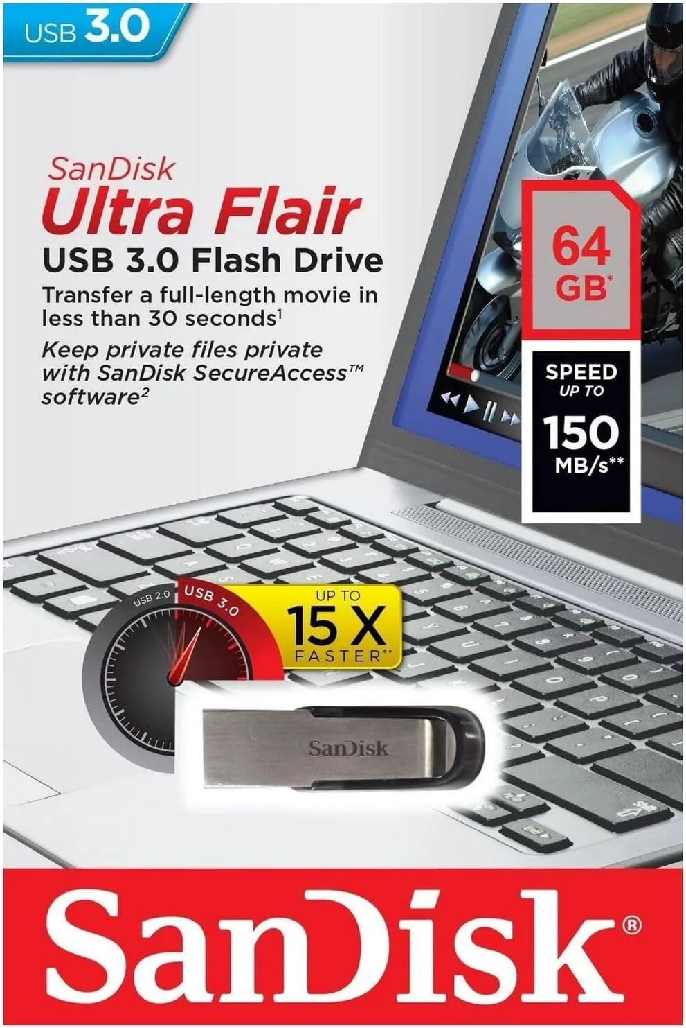 Sandisk Ultra Flair USB Flash Drive, 64 GB, Silver (SDCZ73-064G-A46)
