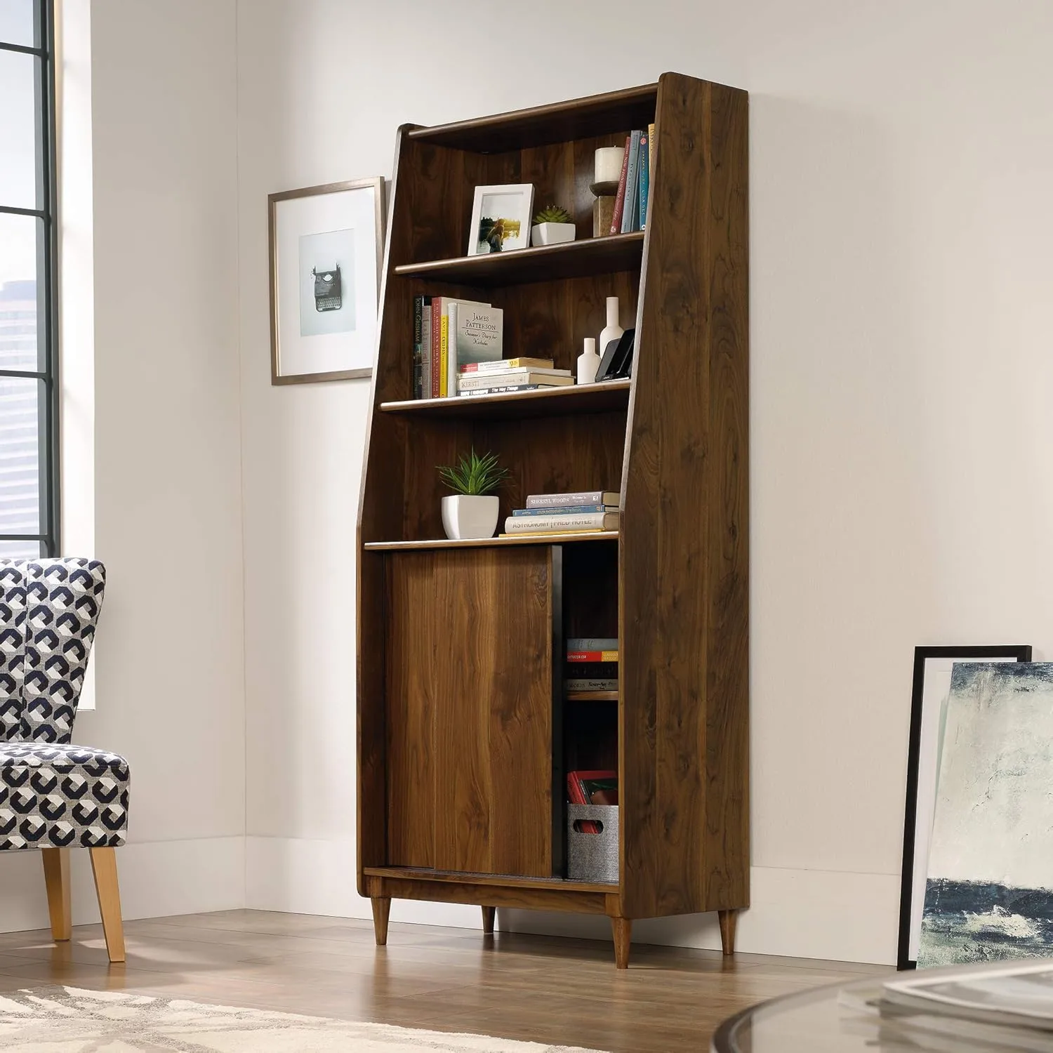 Sauder Harvey Park 71inH 5-Shelf Bookcase With Doors, Grand Walnut