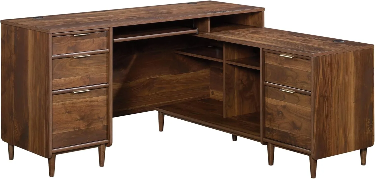 Sauder 59" L-Desk and Bookcase Bundle, Clifford Place Collection, Grand Walnut Finish L-Desk + 3 Tier Bookcase