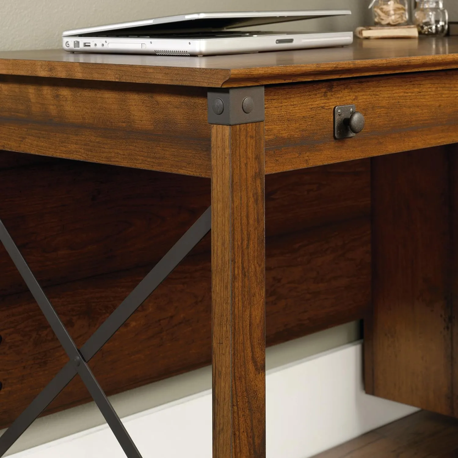 Sauder Carson Forge Vintage Rustic Computer Desk for Home Office with Drawers, in Washington Cherry