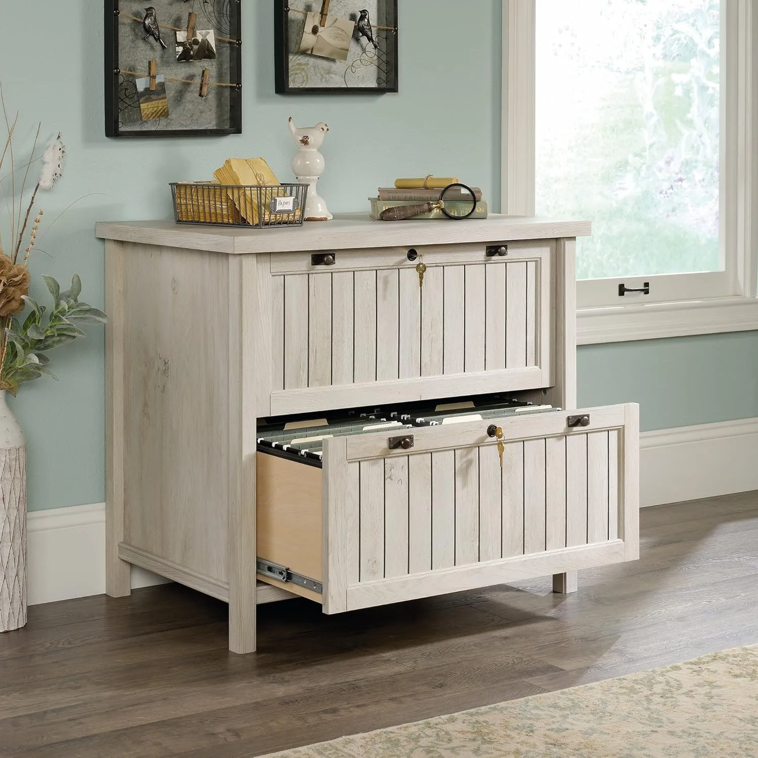 Sauder Costa Computer Desk and Lateral File, Chalked Chestnut Finish Computer Desk + Lateral File