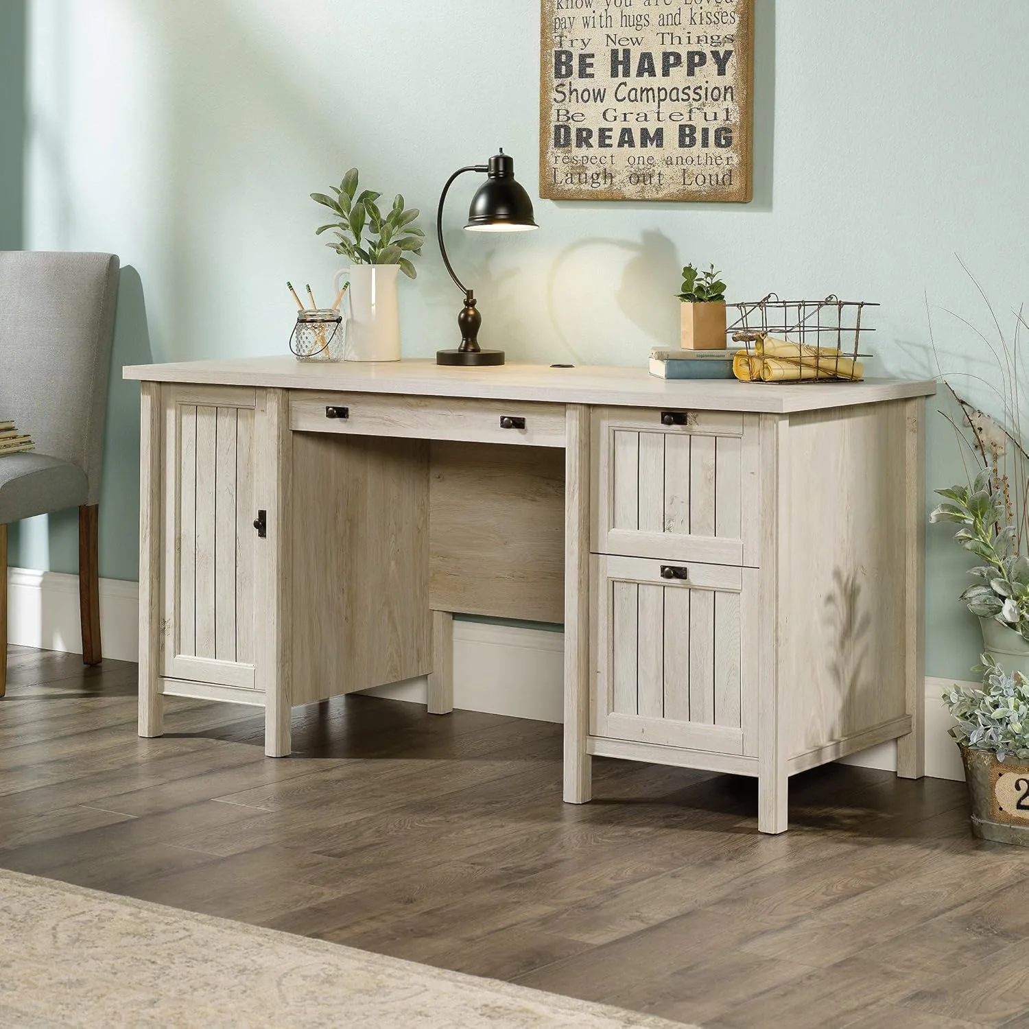 Sauder Costa Computer Desk and Lateral File, Chalked Chestnut Finish Computer Desk + Lateral File