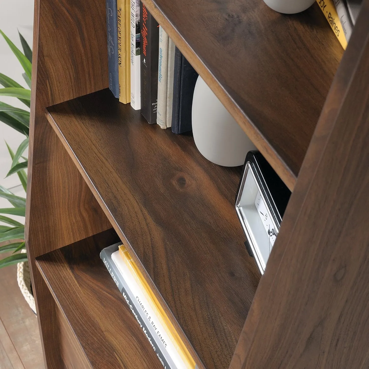 Sauder Harvey Park Tall Bookcase with Drawers, Mid-Century Modern Design, Narrow Bookcase - Grand Walnut Finish