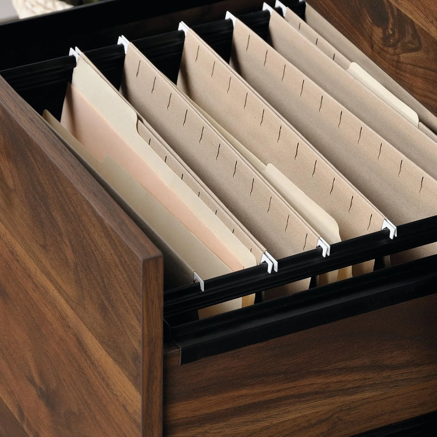 Sauder Harvey Park Tall Bookcase with Drawers, Mid-Century Modern Design, Narrow Bookcase - Grand Walnut Finish