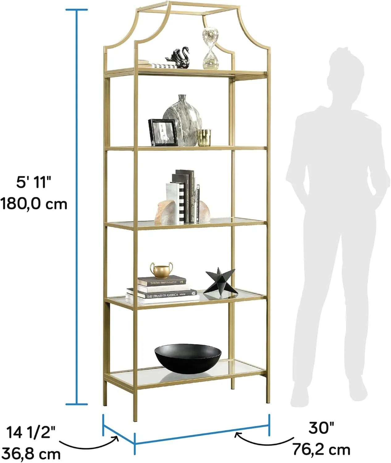 Sauder International Lux 71inH 5-Shelf Bookcase, Satin Gold