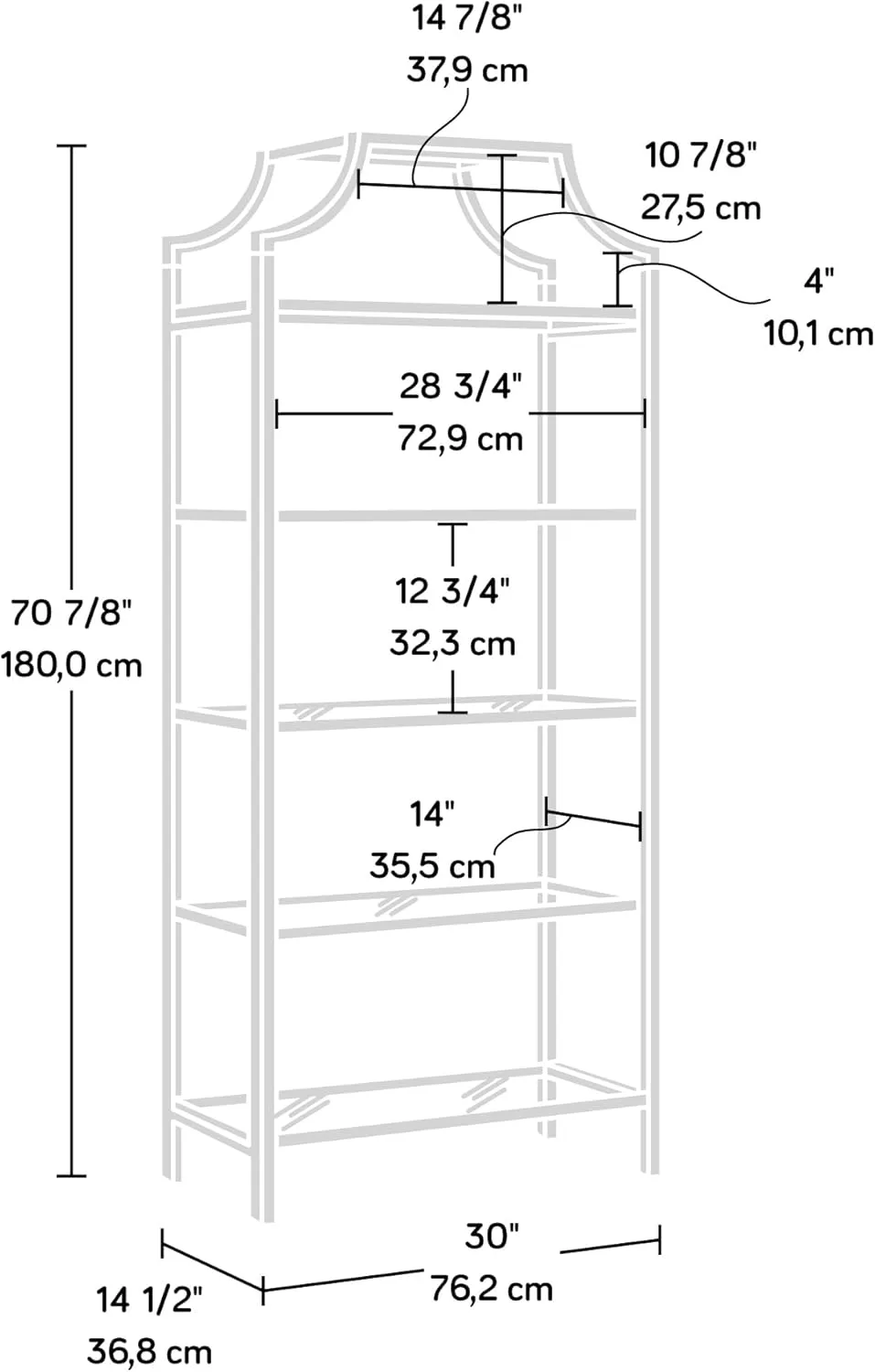 Sauder International Lux 71inH 5-Shelf Bookcase, Satin Gold