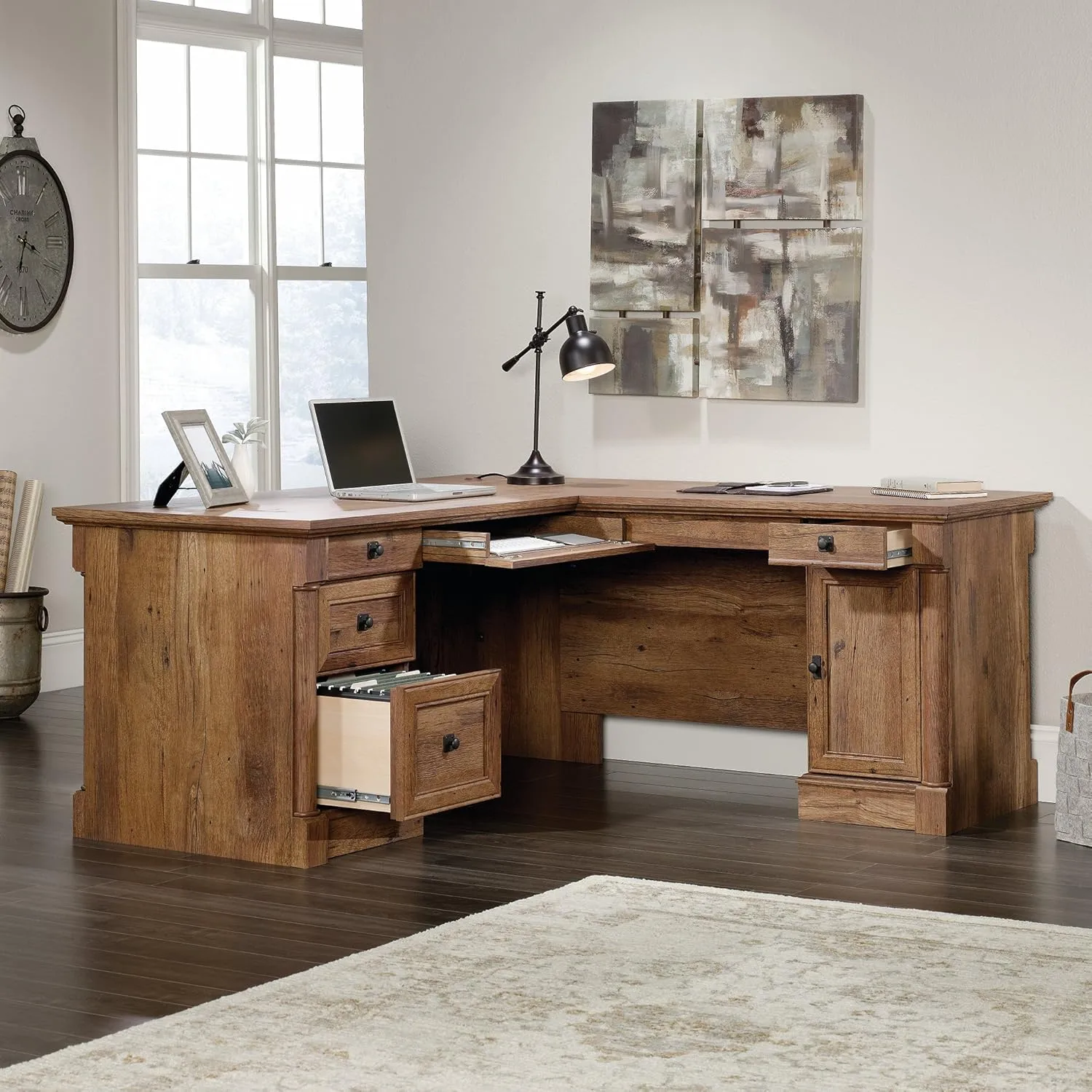 Sauder Palladia L-Shaped Desk with Drawers, File Cabinet Storage & Keyboard Tray