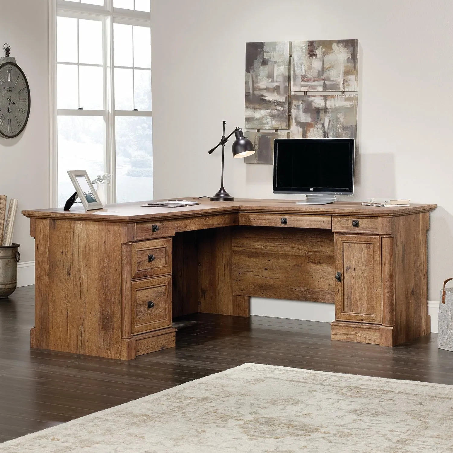 Sauder Palladia L-Shaped Desk with Drawers, File Cabinet Storage & Keyboard Tray