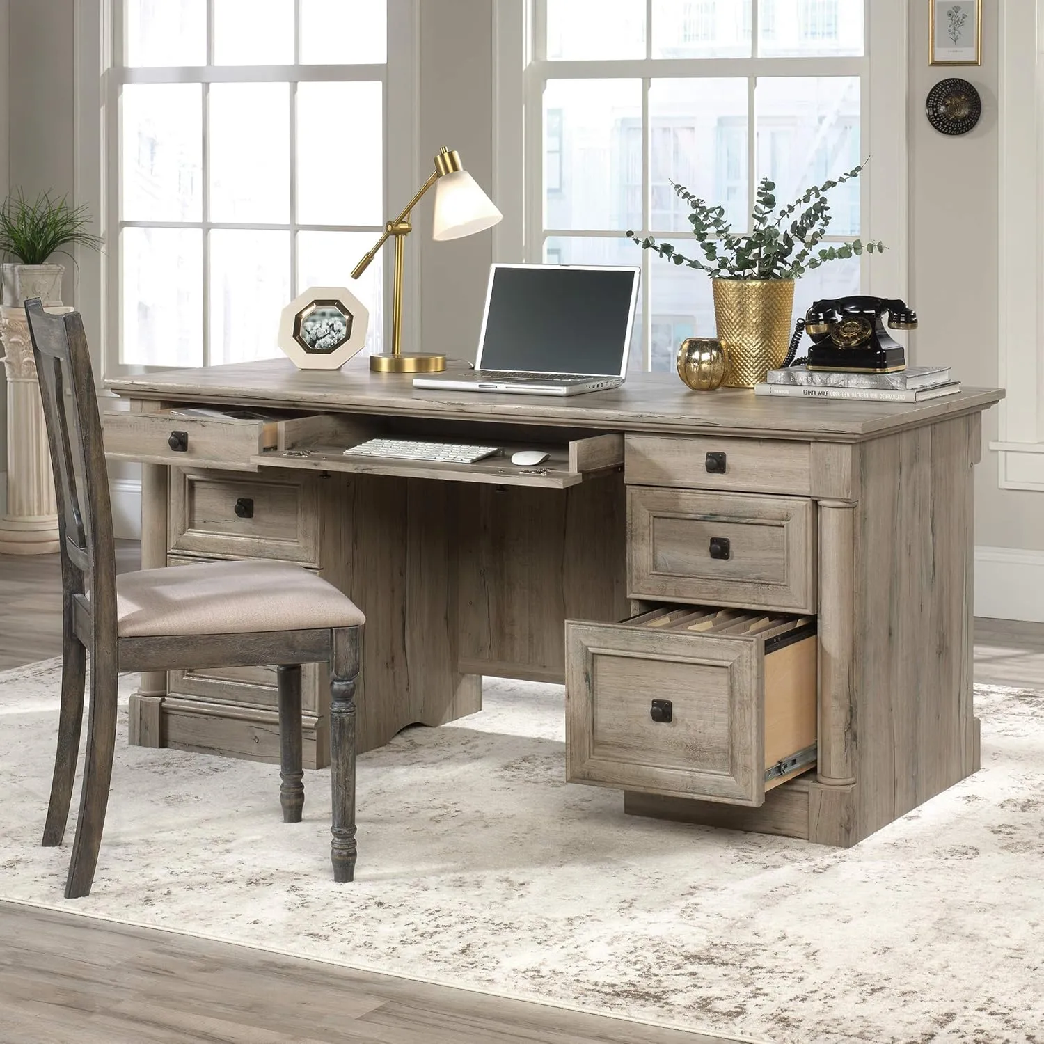 Sauder Palladia Executive Desk with Keyboard Tray and Cord Management
