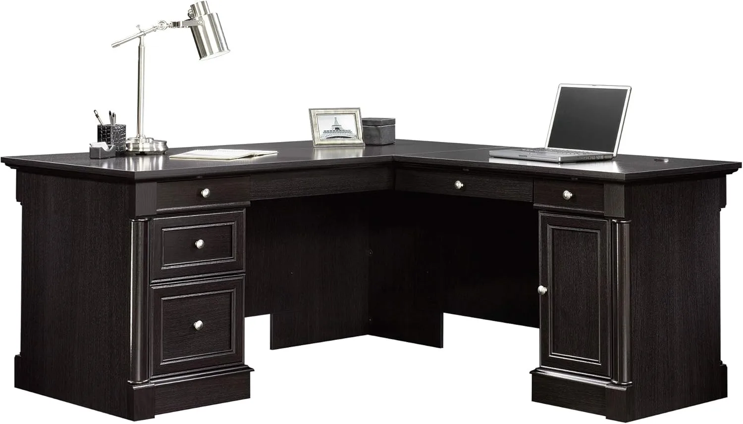 Sauder Palladia L-Shaped Desk with Drawers, File Cabinet Storage & Keyboard Tray
