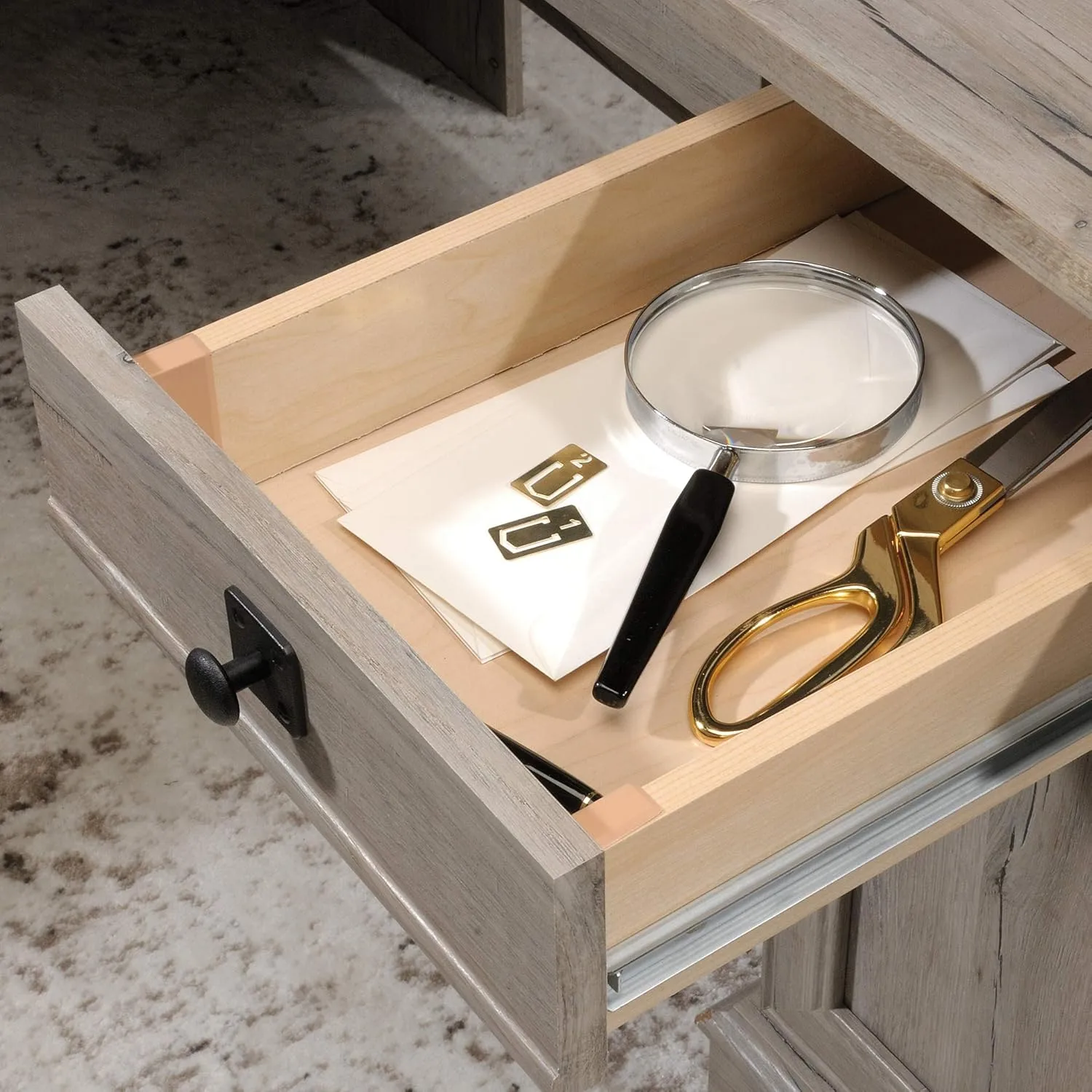 Sauder Palladia L-Shaped Desk with Drawers, File Cabinet Storage & Keyboard Tray