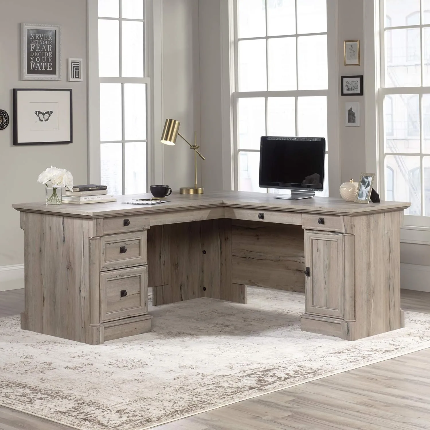Sauder Palladia L-Shaped Desk with Drawers, File Cabinet Storage & Keyboard Tray