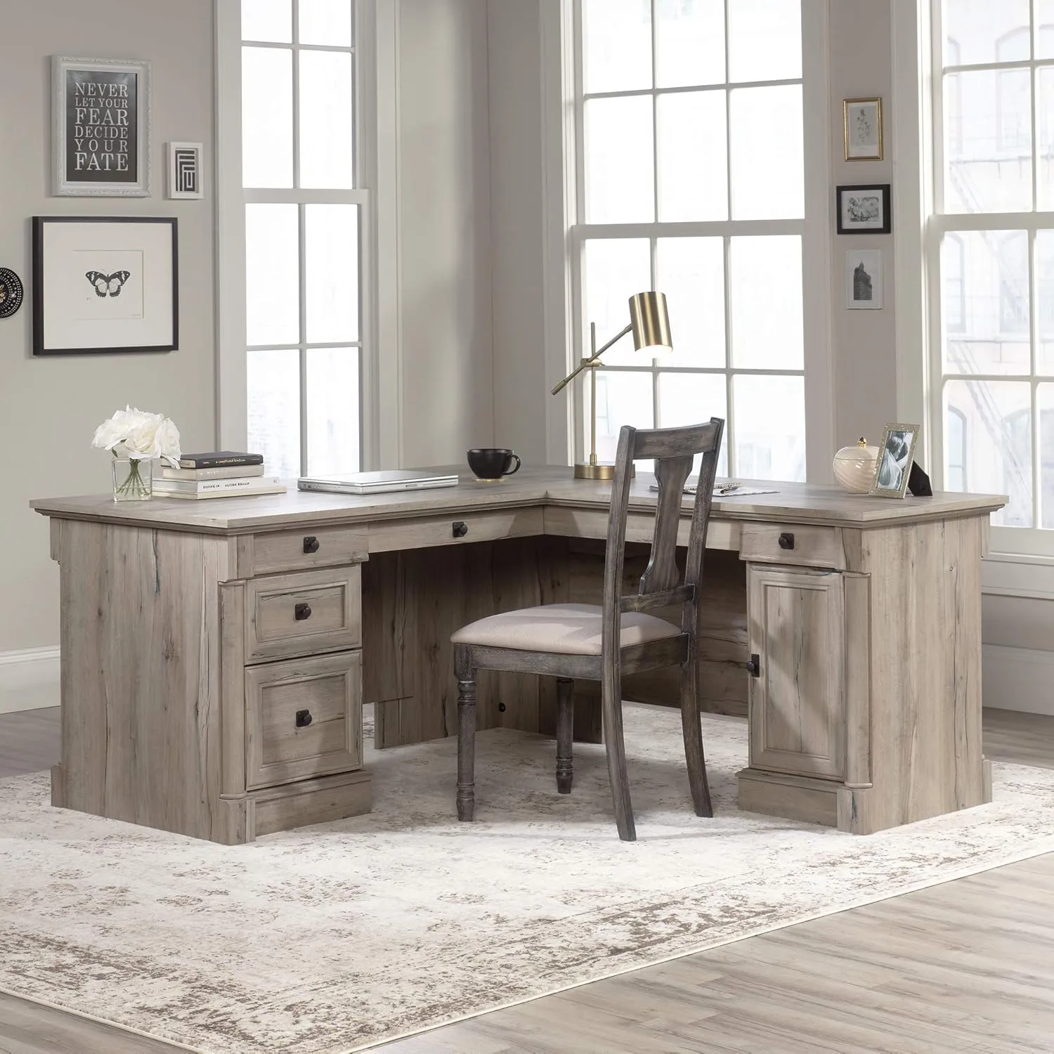 Sauder Palladia L-Shaped Desk with Drawers, File Cabinet Storage & Keyboard Tray