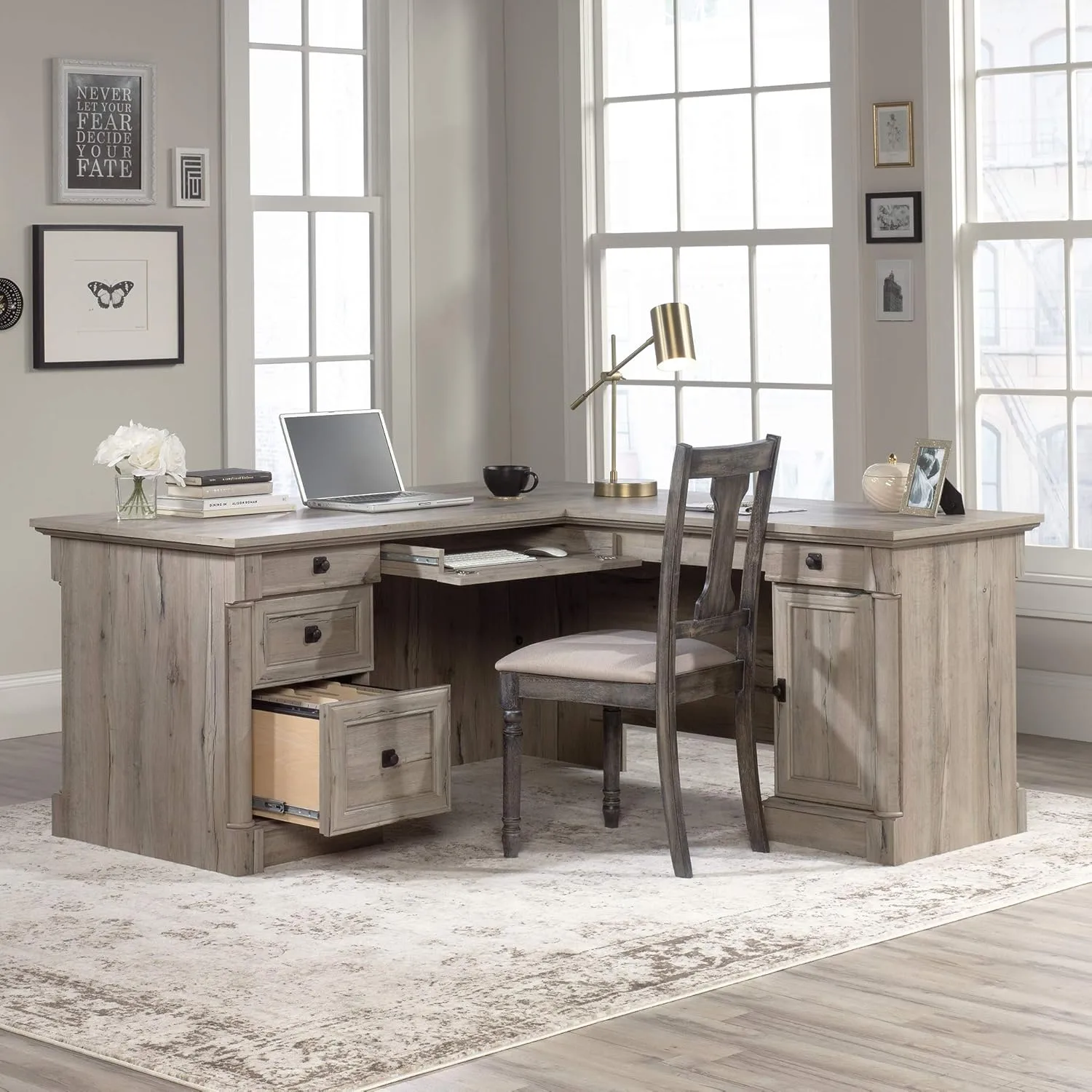 Sauder Palladia L-Shaped Desk with Drawers, File Cabinet Storage & Keyboard Tray