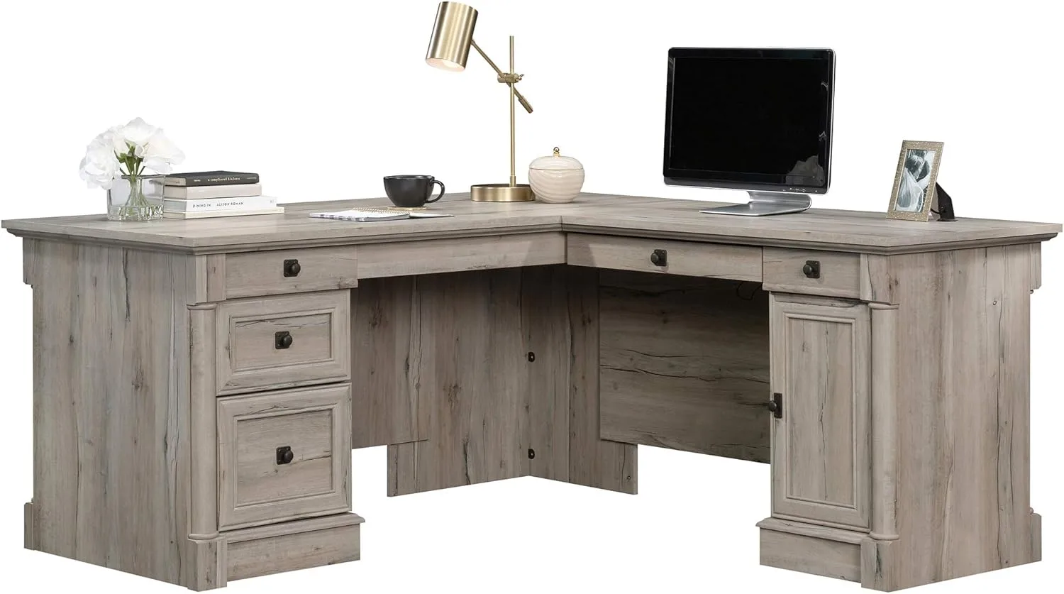 Sauder Palladia L-Shaped Desk with Drawers, File Cabinet Storage & Keyboard Tray