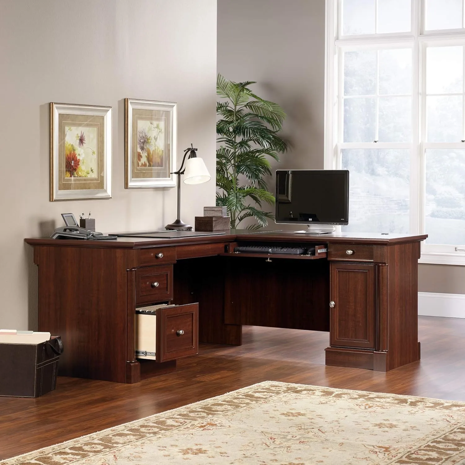 Sauder Palladia L-Shaped Desk with Drawers, File Cabinet Storage & Keyboard Tray