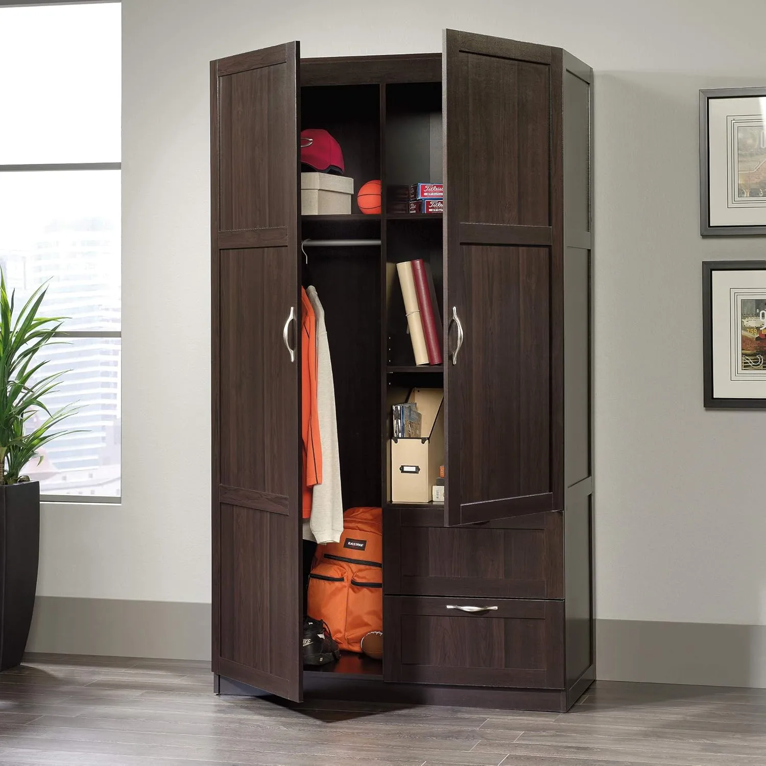 Sauder Select Multipurpose Bedroom Armoire Wardrobe Closet Pantry Storage Cabinet with Drawers and Hanging Rail