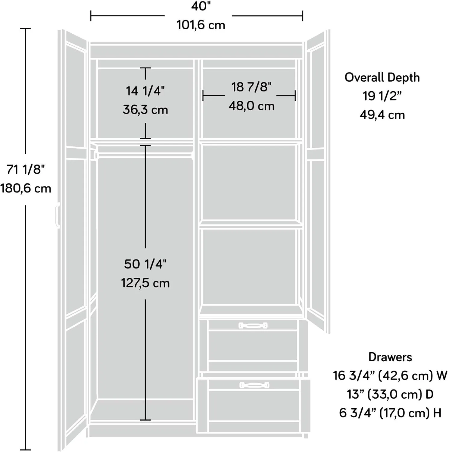 Sauder Select Multipurpose Bedroom Armoire Wardrobe Closet Pantry Storage Cabinet with Drawers and Hanging Rail