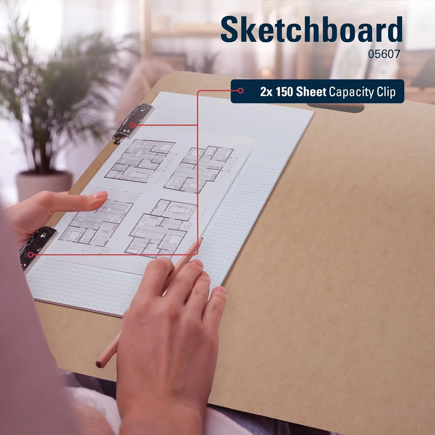 Saunders Recycled Hardboard Sketchboard with Built-in Handle, Two Clips and Elastic Band