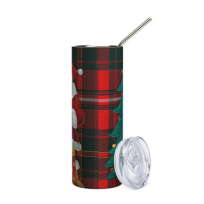Plaid Santa Christmas Skinny Tumbler – Cozy Holiday Fireplace & Tree Drinkware