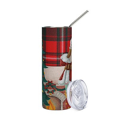 Plaid Santa Christmas Skinny Tumbler – Cozy Holiday Fireplace & Tree Drinkware