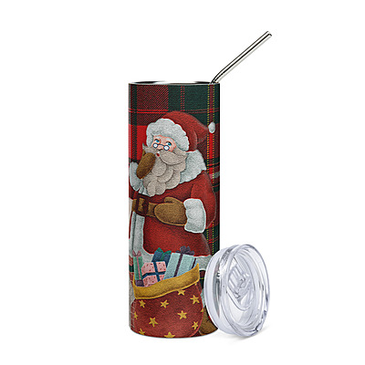 Plaid Santa Christmas Skinny Tumbler – Cozy Holiday Fireplace & Tree Drinkware