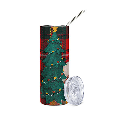 Plaid Santa Christmas Skinny Tumbler – Cozy Holiday Fireplace & Tree Drinkware