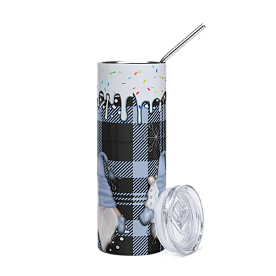Blue Plaid Gnomes & Snowflakes Skinny Tumbler – Winter Holiday Drinkware