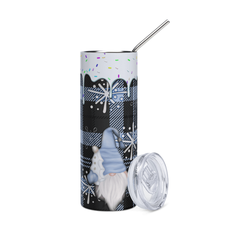 Blue Plaid Gnomes & Snowflakes Skinny Tumbler – Winter Holiday Drinkware