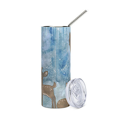 Winter Woodland Deer Skinny Tumbler – Cozy Blue Snow Holiday Drinkware