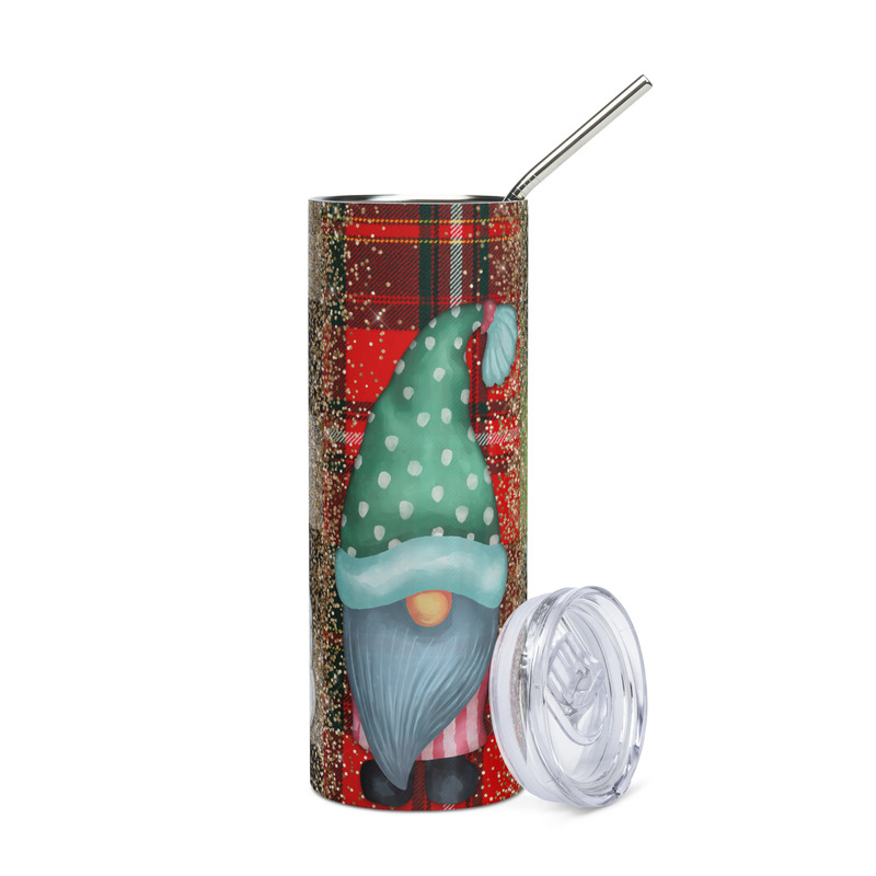 Christmas Gnomes Plaid Skinny Tumbler – Festive Holiday Glitter Drinkware