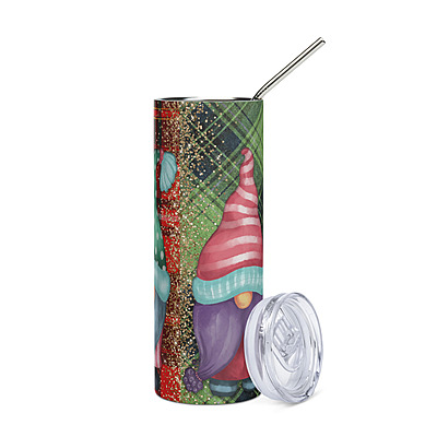 Christmas Gnomes Plaid Skinny Tumbler – Festive Holiday Glitter Drinkware