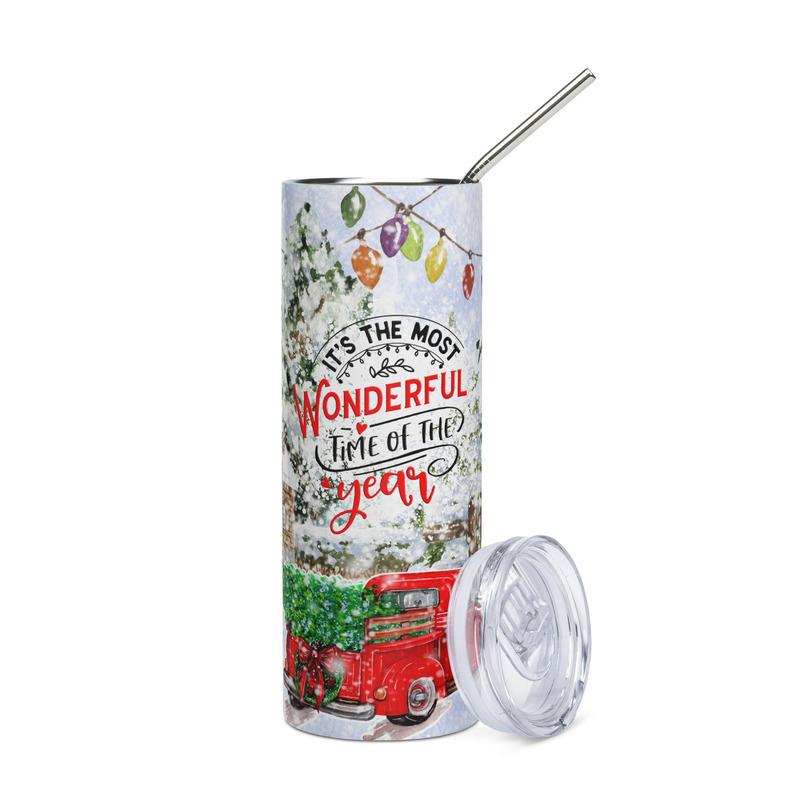 “It’s the Most Wonderful Time of the Year” Christmas Skinny Tumbler – Festive Winter Red Truck Drinkware