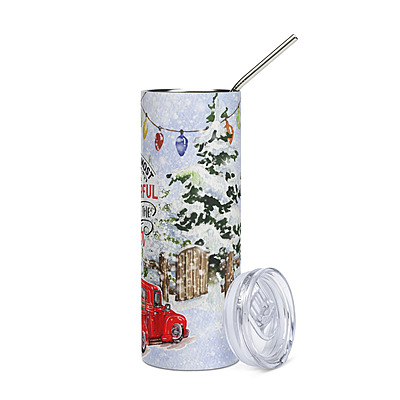 “It’s the Most Wonderful Time of the Year” Christmas Skinny Tumbler – Festive Winter Red Truck Drinkware