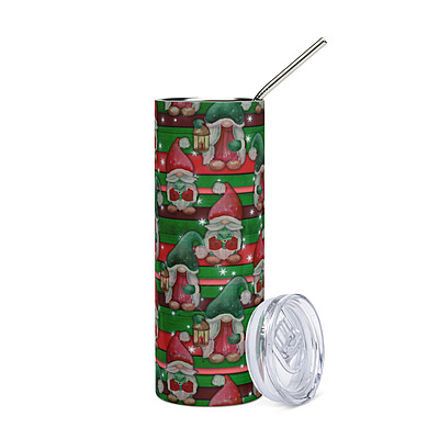 Christmas Gnomes Skinny Tumbler – Festive Red & Green Striped Holiday Drinkware