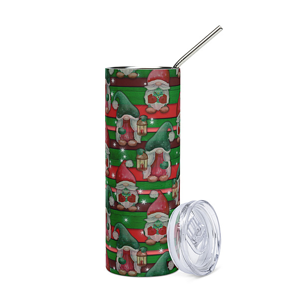 Christmas Gnomes Skinny Tumbler – Festive Red & Green Striped Holiday Drinkware
